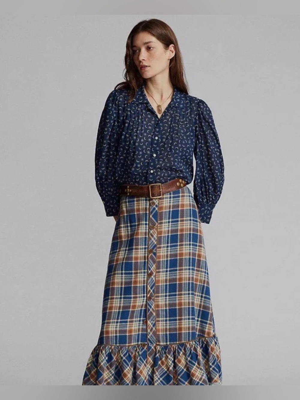 RRL Ralph Lauren Blue and Brown Plaid Maxi Skirt